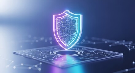 Cybersecurity shield with glowing circuit design for data protection solutions