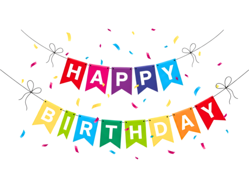 Happy birthday banner with confetti isolated on transparent background