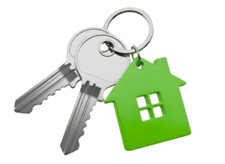 House keys with green house shaped keychain isolated on transparent background