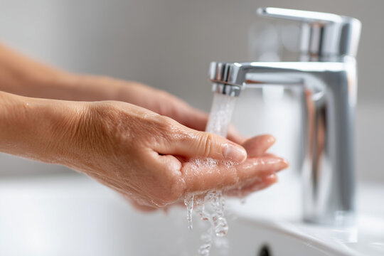 A person washing their hands with soap under the water tap in a bathroom, a closeup photo of a female hand gently cleaning the skin to remove injury from hard work for a product ad
