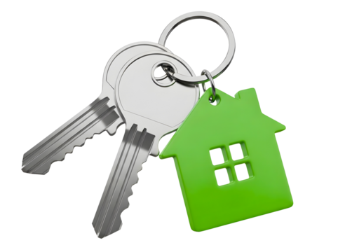 House keys with green house shaped keychain isolated on transparent background - Powered by Adobe