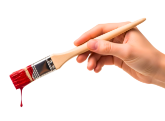 Hand holding a paintbrush with red paint isolated on transparent background
