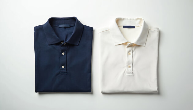 Two folded polo shirts navy blue, white color isolated on light background. Classic casual menswear for summer wardrobe. Clean fashion apparel with blank label for mockup. Top view of cotton clothes
