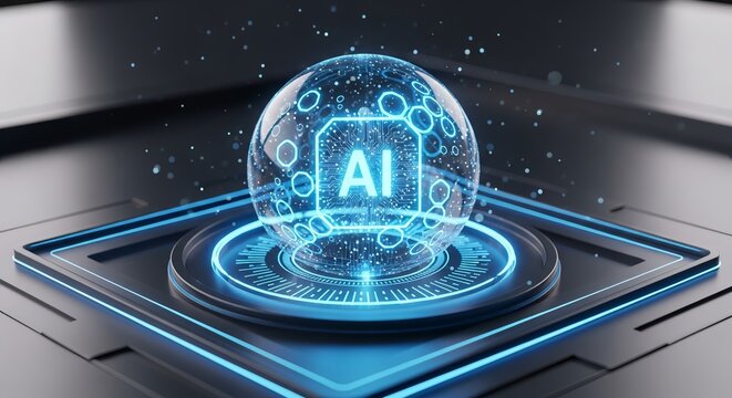 Innovative AI technology represented by glowing orb on futuristic platform