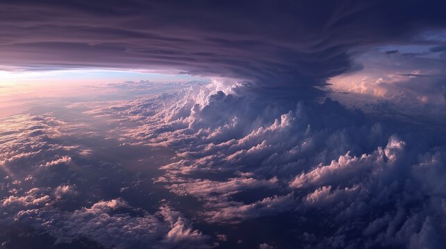 A breathtaking aerial view showcases dark thunderclouds swirling menacingly, contrasting against soft, fluffy clouds below. These thunderclouds create a dramatic atmosphere over th
