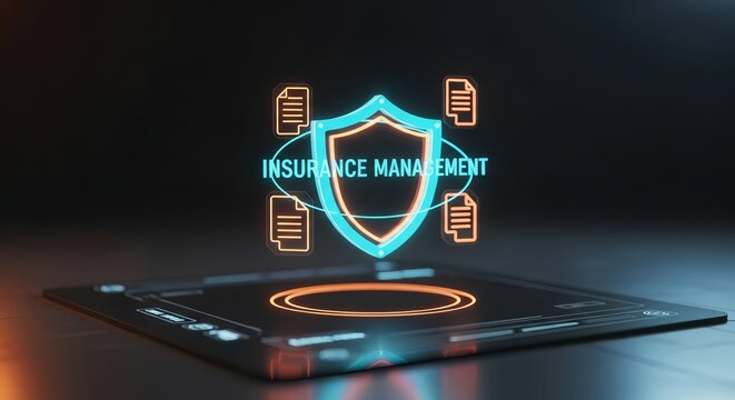 Modern insurance management concept with digital shield and document icons glowing