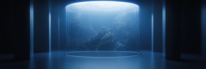 Underwater aquarium exhibit with marine life in circular tank