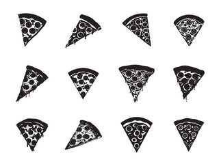 Monochrome Delightful Pizza Slices with Various Toppings Illustration Collection, Tasty Food