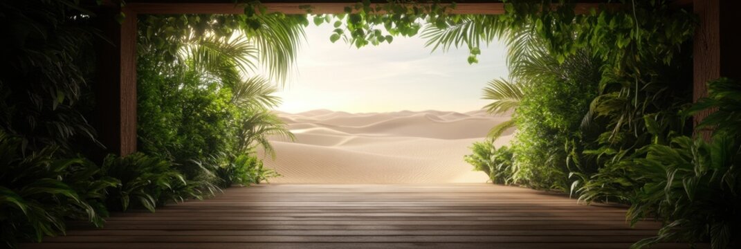 Tranquil oasis view with lush greenery and desert dunes