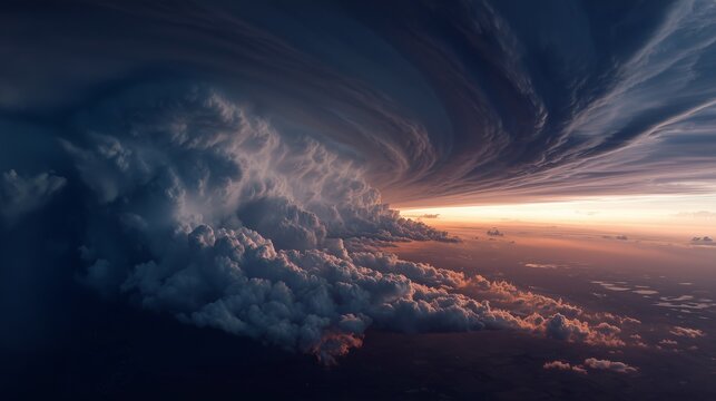 A captivating aerial view captures dark thunderclouds swirling ominously above a vast horizon during sunset. The thunderclouds fill the sky, creating a striking contrast with light