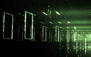 Verborgene Dimensionen: Futuristische grüne Lichtprojektionen die eine futuristische räumliche Atmosphäre schaffen – Daten, Technologie, Wissenschaft, Gefühl von Tiefe Ungewissheit