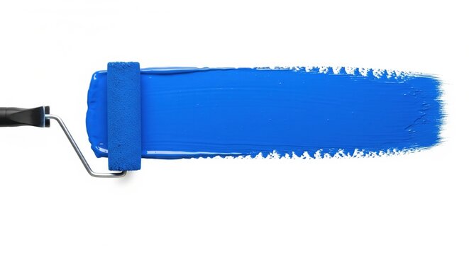 Paint roller applies a vibrant blue horizontal paint stroke on a clean white background.