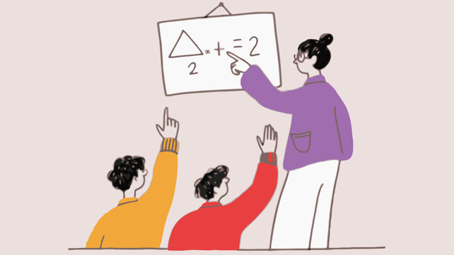 A teacher in a classroom points to a floating blackboard with colorful educational icons and symbols representing learning and knowledge