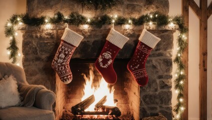 Cozy fireplace adorned with festive stockings and twinkling lights, creating a warm Christmas scene