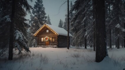 Cozy snow-covered cabin nestled in a winter forest, illuminated by warm lights