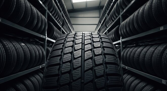 Close-up view of a new tire tread in a large automotive storage warehouse.