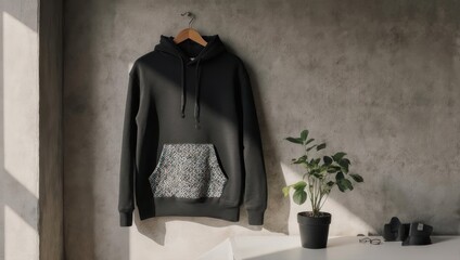 Dark hoodie with patterned pocket hangs on a wall beside a potted plant and small objects