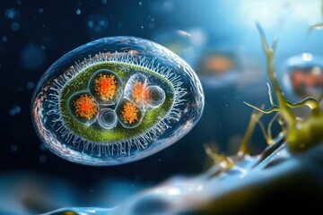 Single celled organism with visible internal structures and hair like projections floating in blue aquatic environment, showing detailed cellular components and vibrant colors
