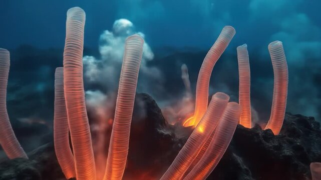 Spectacular underwater hydrothermal vent garden, with glowing tube worms and bubbling water