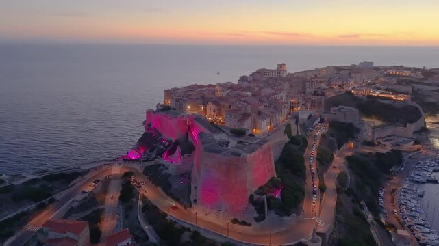 charming seaside sunset, peaceful seaside settlement at dusk with historic structures and dreamy. Bonifacio. France