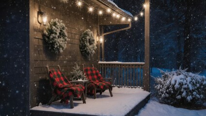 Cozy winter porch scene with wreaths, string lights, snow, plaid blankets on chairs