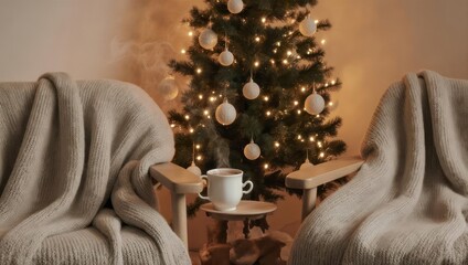 Cozy Christmas scene with decorated tree, armchairs, blanket, and a cup of hot beverage