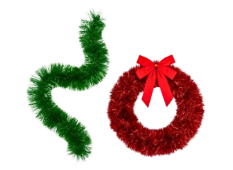 Green tinsel garland and red tinsel wreath with bow isolated on transparent background
