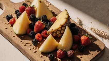 Close-up of sliced pineapple, berries, and seeds artfully arranged on a wooden board