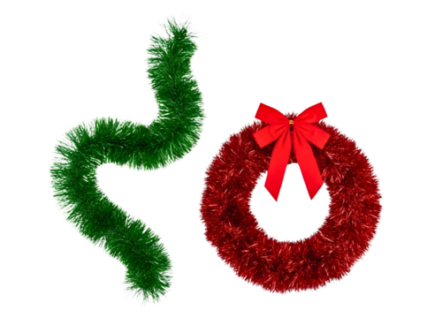 Green tinsel garland and red tinsel wreath with bow isolated on transparent background