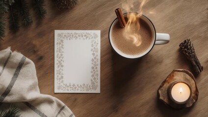 Cozy top-down shot warm drink, candle, card, cinnamon, and greenery on a wooden surface