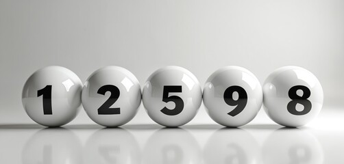 Five white spheres display black numerals against a light background. Balls arranged in a row with numbers one two five nine eight. Clean modern graphic.