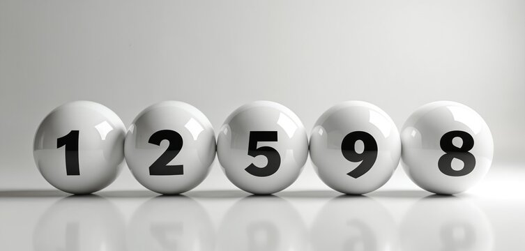 Five white spheres display black numerals against a light background. Balls arranged in a row with numbers one two five nine eight. Clean modern graphic.