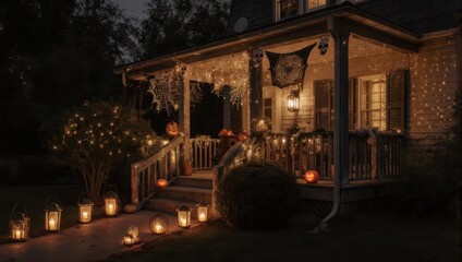 Cozy home porch adorned with Halloween decorations at dusk, illuminated by soft lights