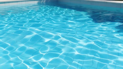Close-up view of a pool with rippling, light-reflecting water, tiled bottom and sunlit surface