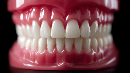 Obraz premium A red full-denture dental model with upper and lower artificial teeth, closed bite position. Symmetrical alignment, white acrylic teeth, glossy red gum base. Studio close-up shot,