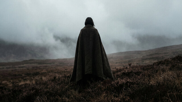 A mysterious lonely figure in a dark hooded cloak stands in a vast, desolate, and foggy landscape. The moody, dramatic scene evokes a sense of fantasy.