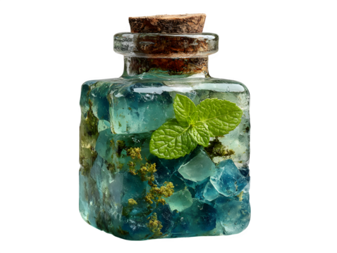 Apothecary bottle with blue crystals, moss, and mint leaves presents a natural potion for wellness, offering a mystical and refreshing health solution