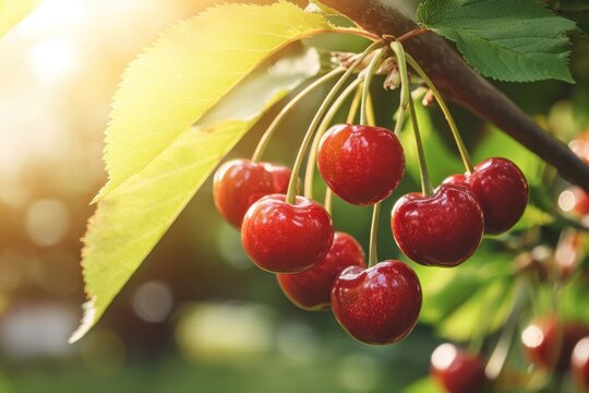 Ripe red cherries hanging from tree branch with green leaves in warm sunlight, showcasing fresh fruit in natural outdoor garden setting with soft background bokeh
