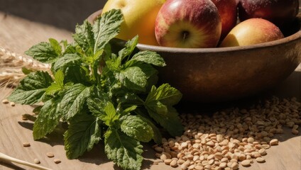 Close-up of a wooden bowl filled with fruit, fresh mint, and grains on a table