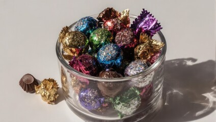 Colorful Foil Wrapped Chocolates in a Glass Bowl.