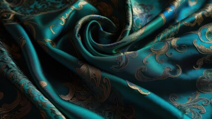 Close-up view of opulent teal fabric with gold floral patterns, showcasing elegant folds
