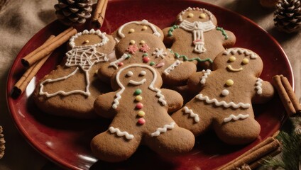 Close-up of frosted gingerbread men on a red plate with cinnamon sticks