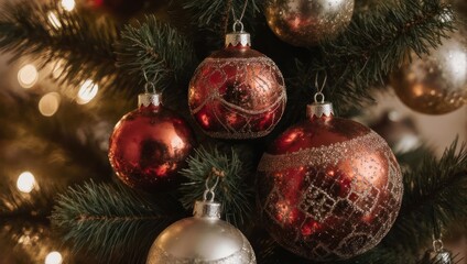 Close-up of Christmas tree with ornaments, lights creating a festive, warm atmosphere