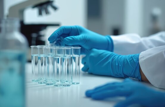 Scientists in blue gloves conduct water analysis in laboratory with test tubes, microscope. Medical researchers examine liquid samples for contamination, health risks. Team performs scientific
