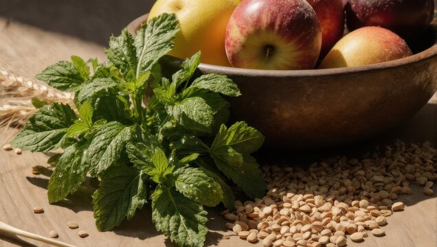 Close-up of a wooden bowl filled with fruit, fresh mint, and grains on a table