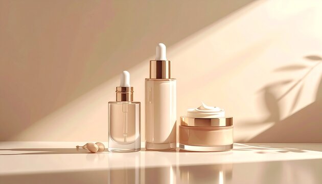Luxury skincare product scene with glass bottles, soft shadows, creamy textured, beige background, premium beauty branding, hyper-realistic studio lighting.