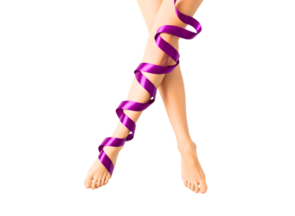Woman s legs wrapped in purple ribbon isolated on transparent background
