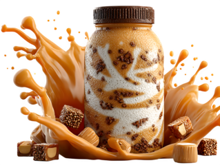 Decadent caramel protein shake with crispy chocolate pieces, a delightful indulgence, perfect for fitness enthusiasts craving delicious, healthy treats