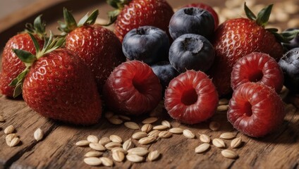 Close-up of fresh berries with oats on a wooden surface, showcasing natural textures and colors