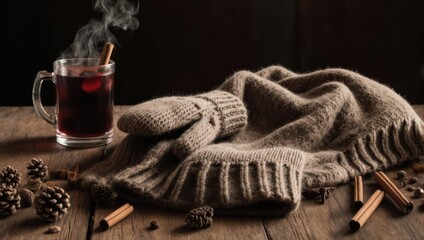 Cozy winter scene with a mug of warm beverage, scarf, mittens, pine cones and spices